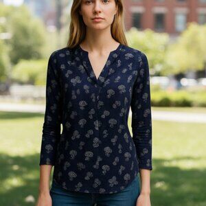 (F-161)Sonoma XS Navy Blue Bicycle Print Blouse 3/4 Sleeve Button Front Casual T